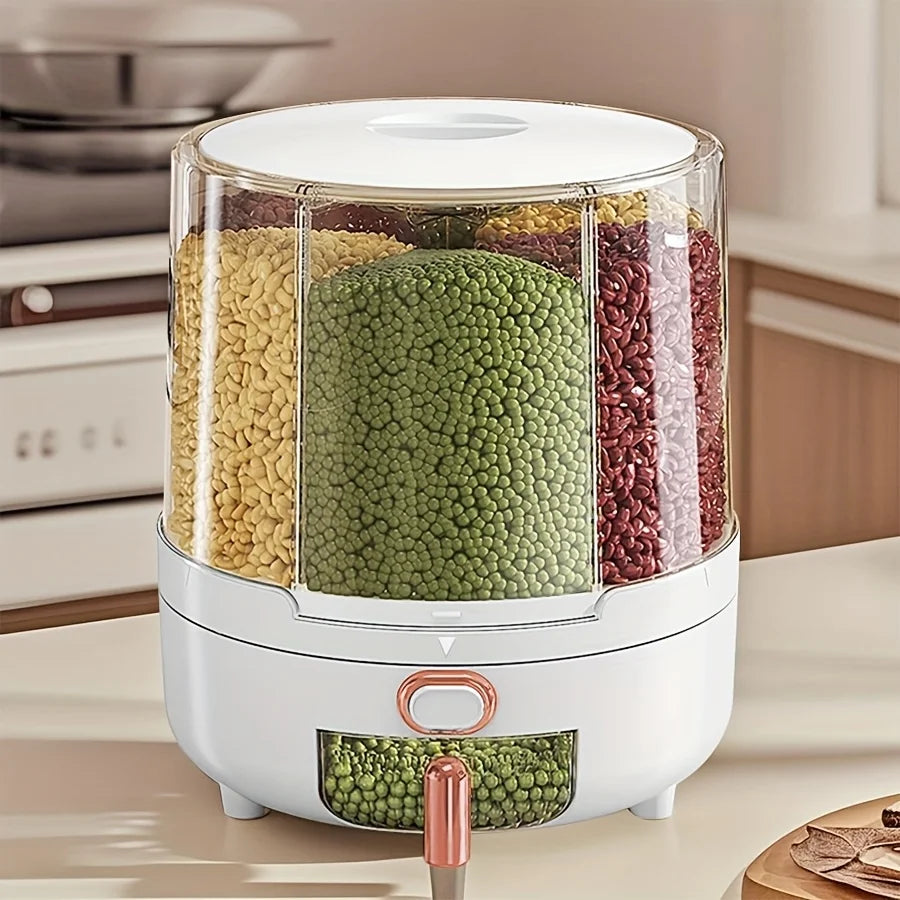6-Compartment 360° Rotating Airtight Food Storage Container for Grains