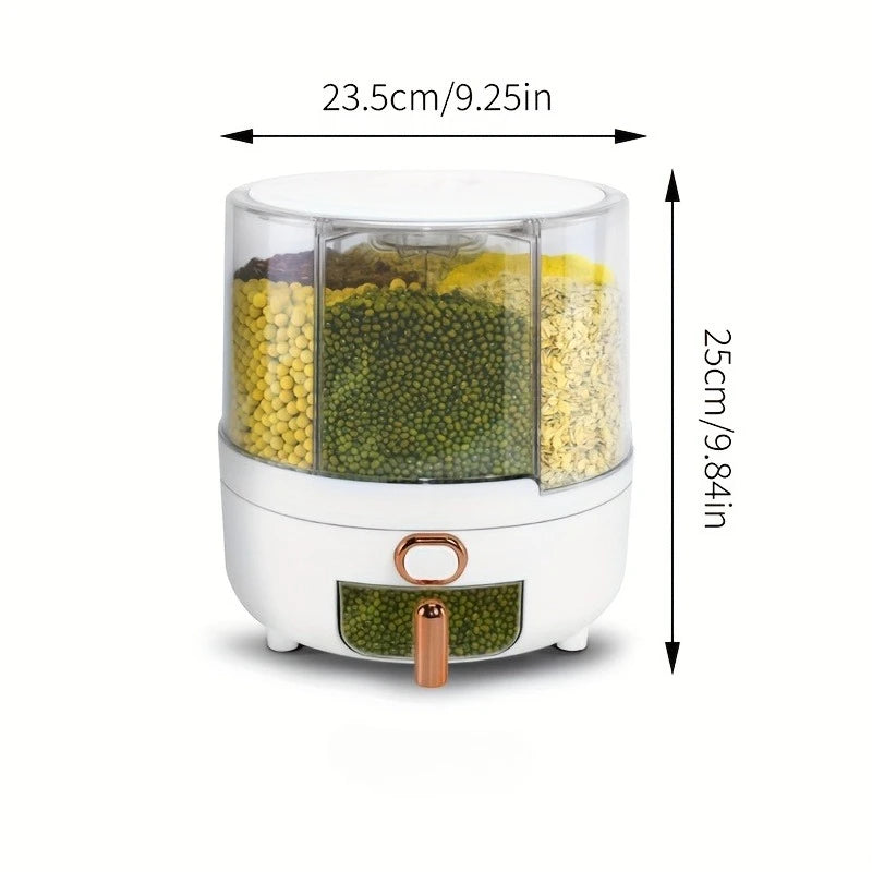 6-Compartment 360° Rotating Airtight Food Storage Container for Grains