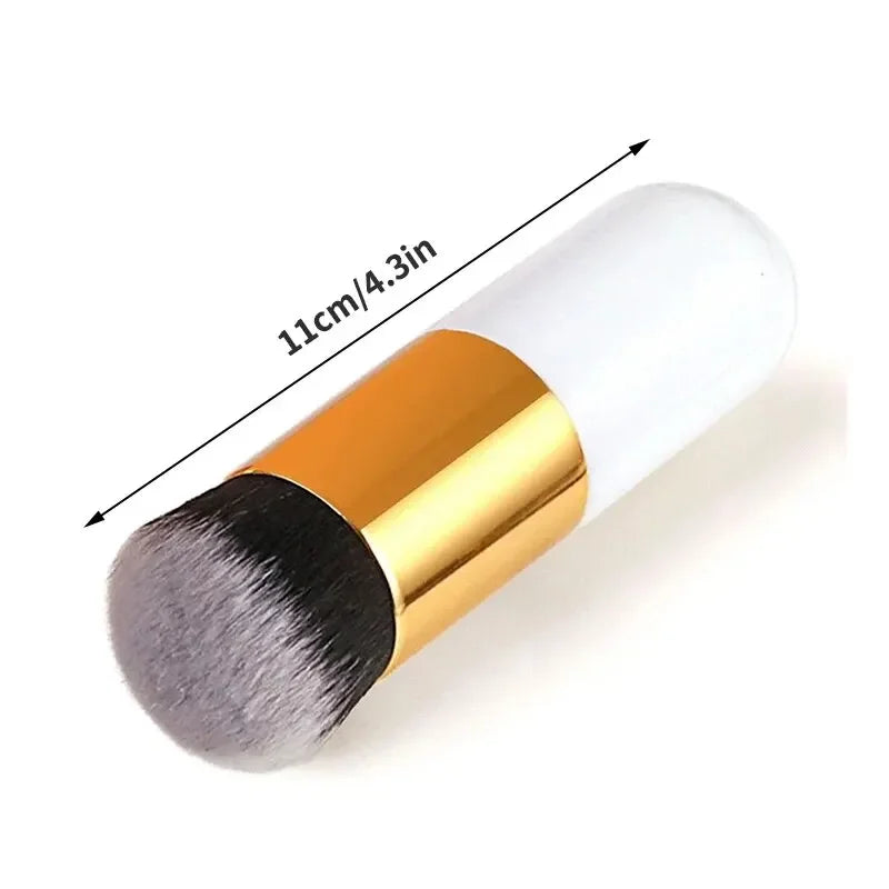 Makeup brush with gold handle and black bristle head, shown with measurements on a white background.