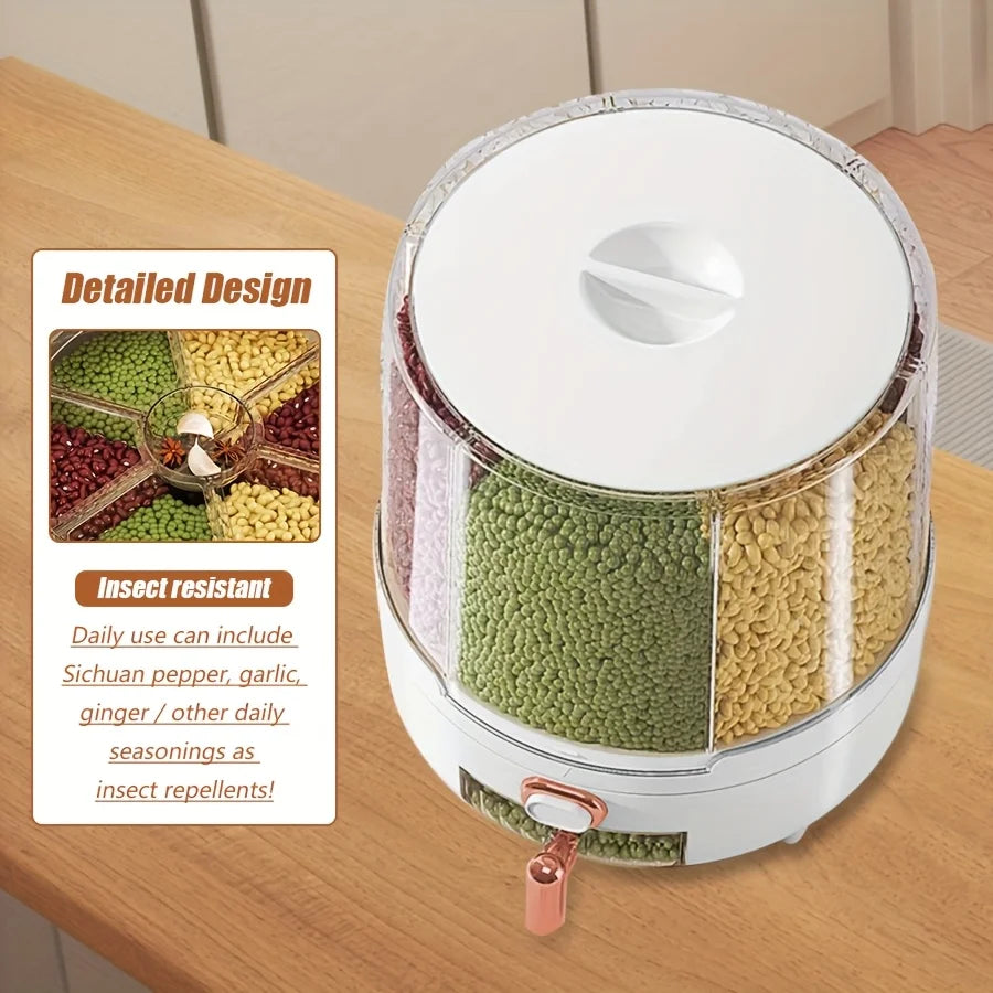 6-Compartment 360° Rotating Airtight Food Storage Container for Grains