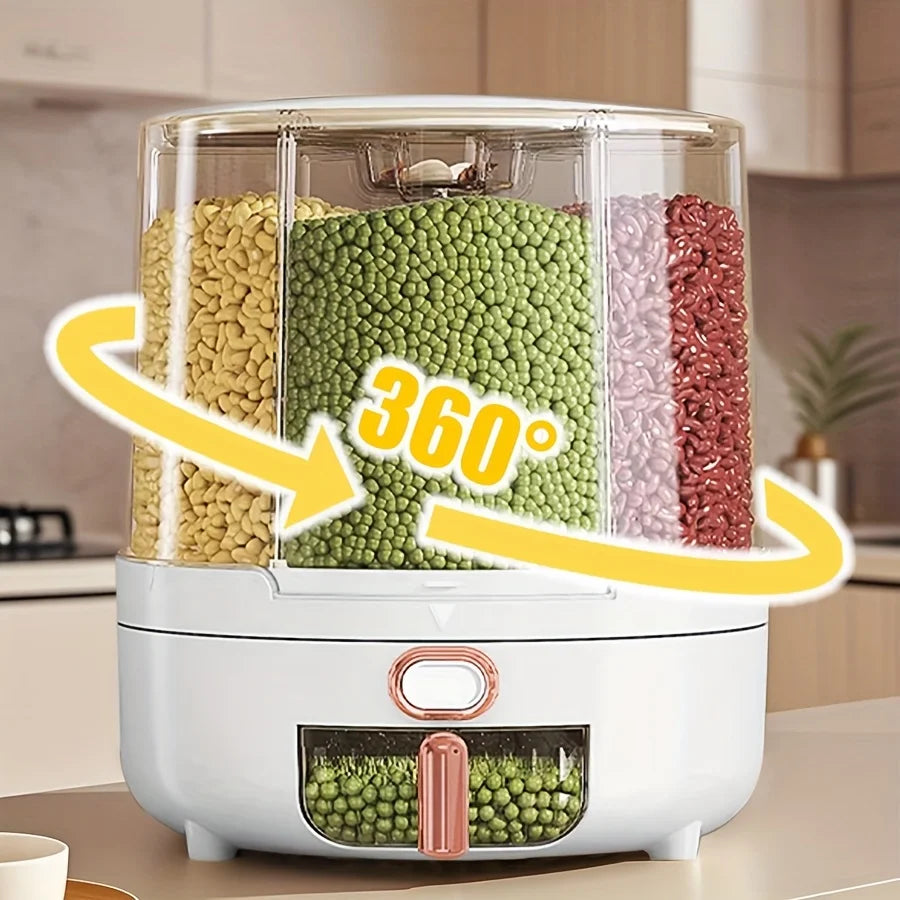 6-Compartment 360° Rotating Airtight Food Storage Container for Grains
