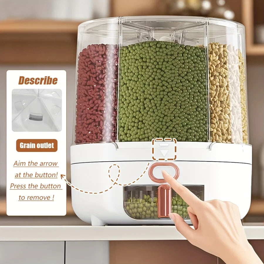 6-Compartment 360° Rotating Airtight Food Storage Container for Grains