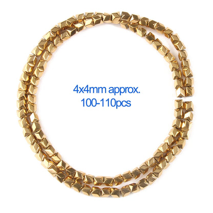 Gold beaded necklace with size and quantity information on a white background