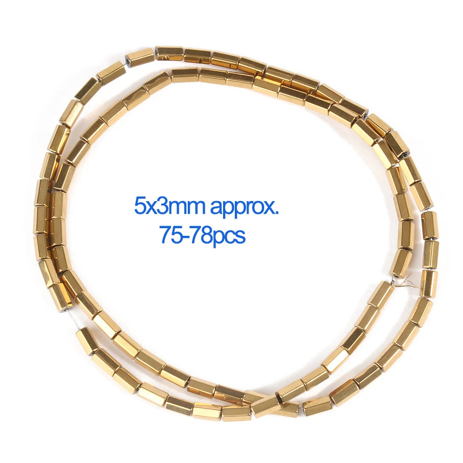 Gold cylindrical beads arranged in a circular pattern on a white background with text indicating size and quantity.