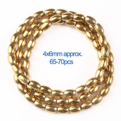 Gold beads on a white background with size and quantity information.