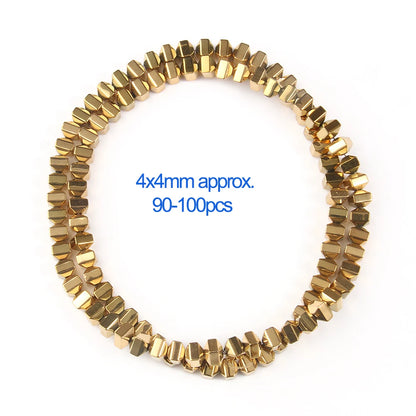Gold beaded bracelet with size and quantity information on a white background