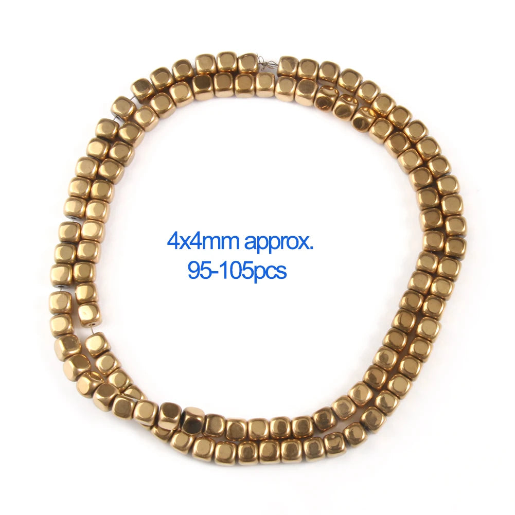 Gold beads on a white background with text indicating size and quantity.
