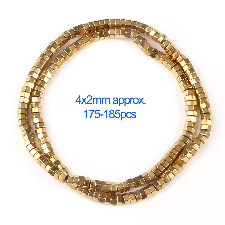 Gold beaded strands on a white background with text indicating size and quantity.