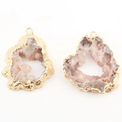 Geode-shaped earrings with gold accents on a white background