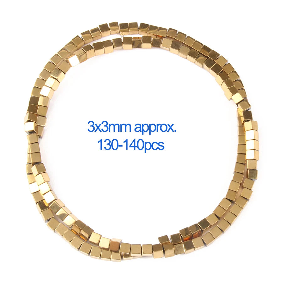 Gold beaded necklace with size and quantity information on a white background