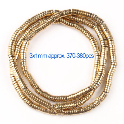 Gold beads on a white background with text indicating size and quantity.