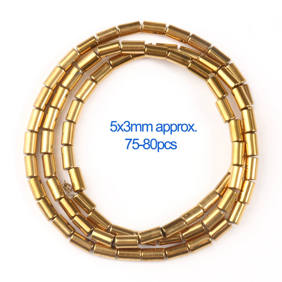 Gold cylindrical beads on a white background with text indicating size and quantity.