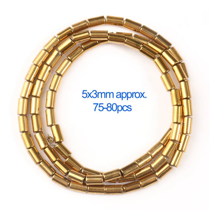 Gold cylindrical beads on a white background with text indicating size and quantity.