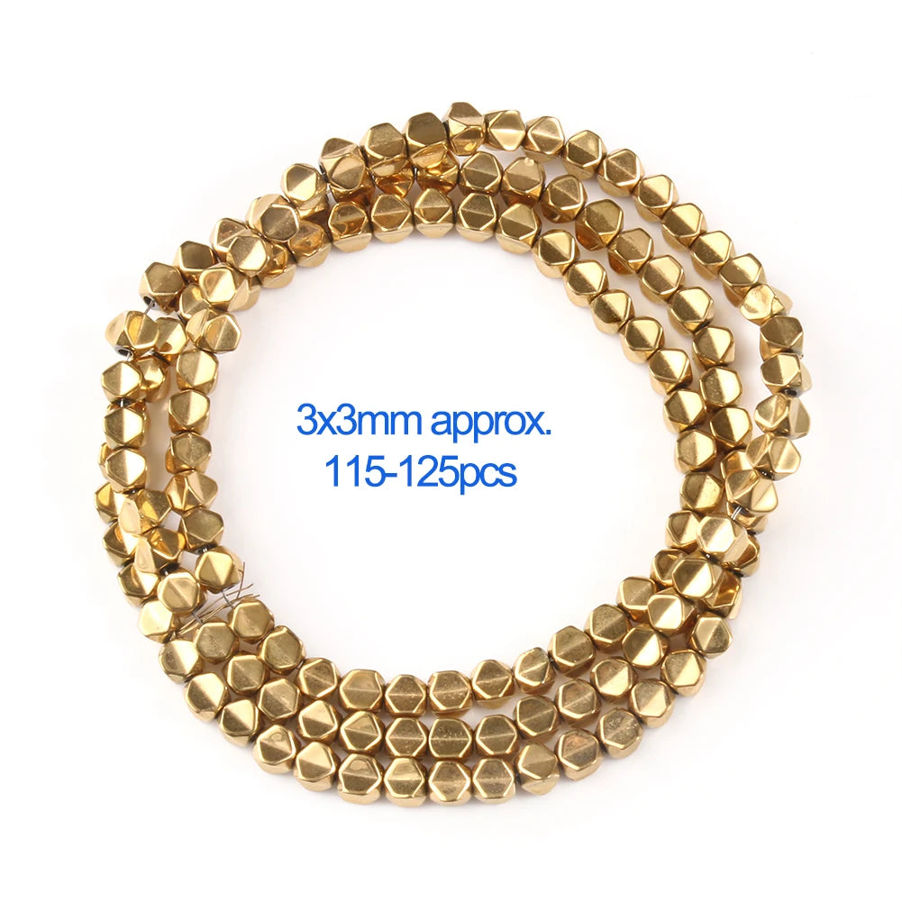 Gold beads on a white background with text indicating size and quantity.