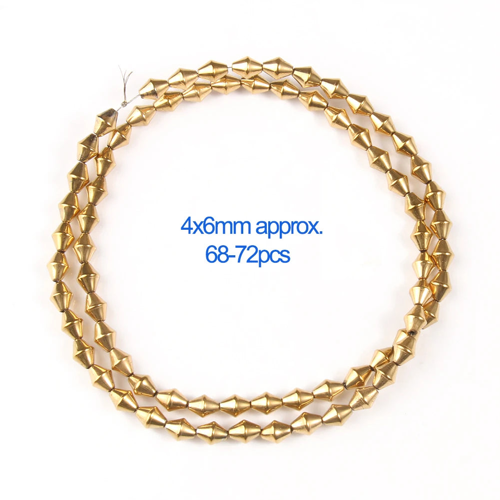 Gold beaded necklace with specifications on a white background