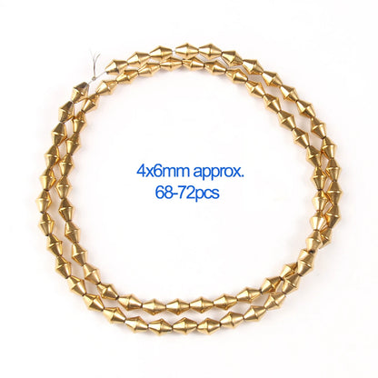 Gold beaded necklace with specifications on a white background