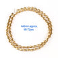 Gold beaded necklace with specifications on a white background