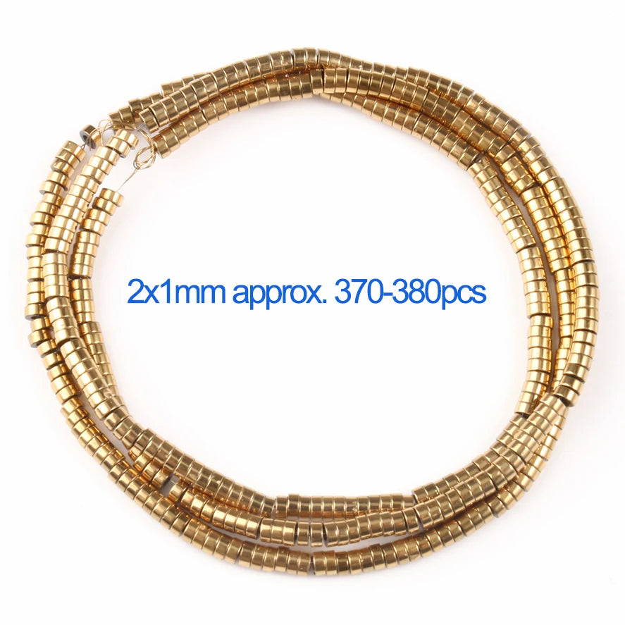 Gold beaded necklace on a white background with text indicating bead size and quantity.