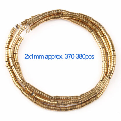 Gold beaded necklace on a white background with text indicating bead size and quantity.