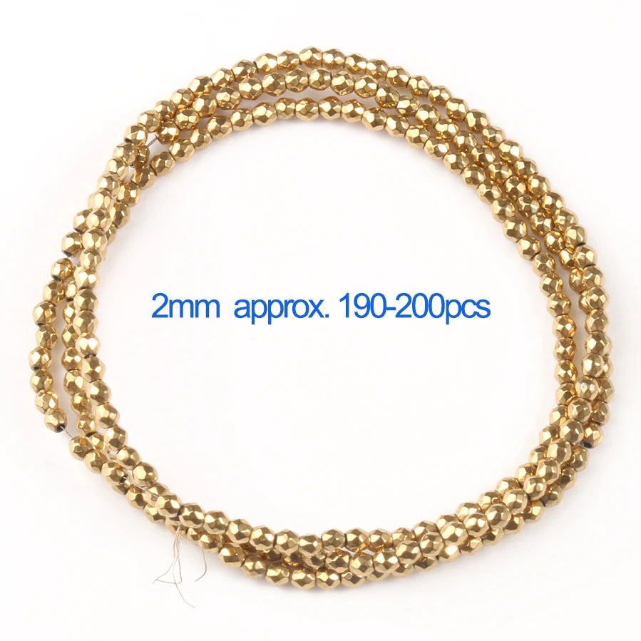 Gold beaded necklace with measurement text on a white background