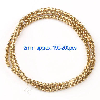 Gold beaded necklace with measurement text on a white background