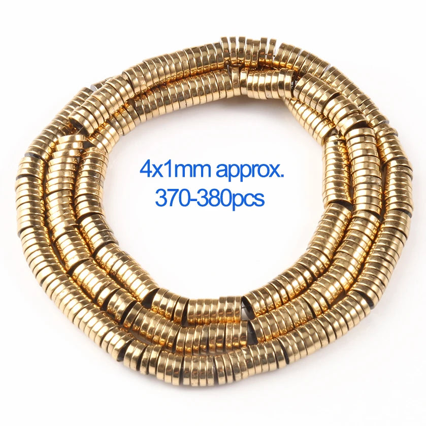 Gold beads on a white background with text indicating size and quantity.