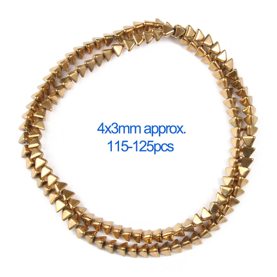 Gold pyramid beads on a white background with text indicating size and quantity.