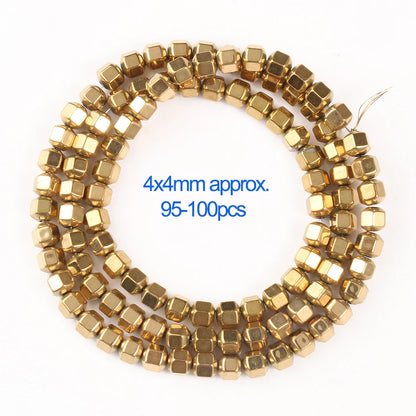 Gold beads on a string with size and quantity information on a white background