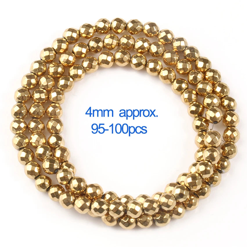 Gold beads on a white background with text indicating size and quantity.