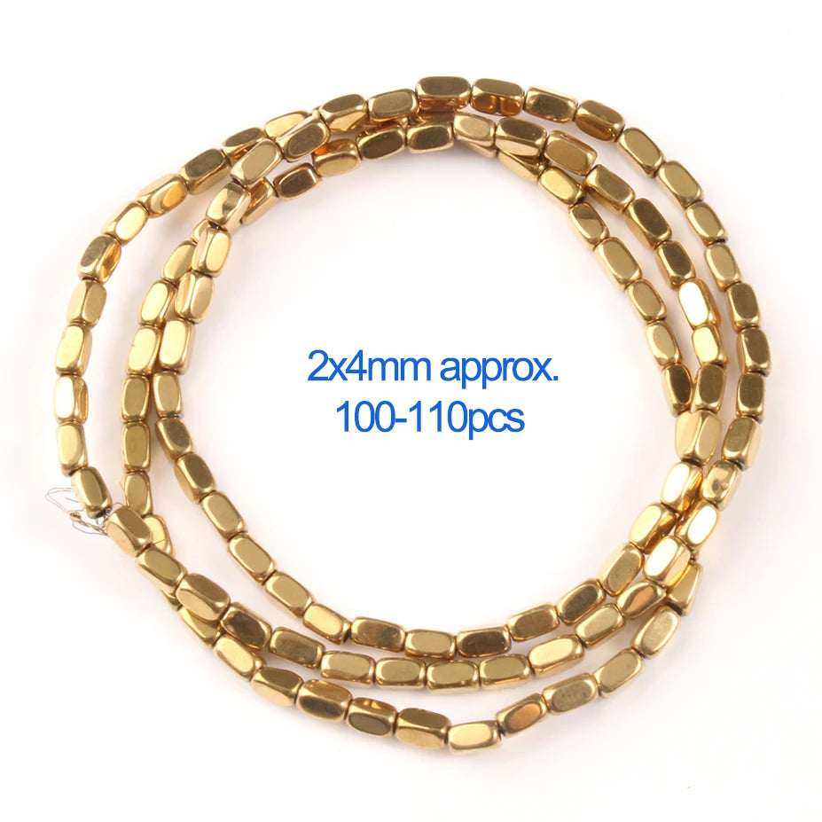 Gold beads on a white background with text indicating size and quantity.