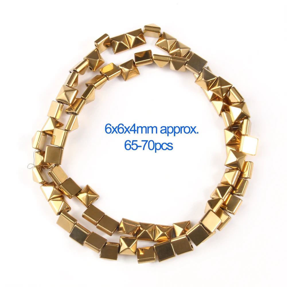 Gold pyramid beads on a white background with size and quantity information.