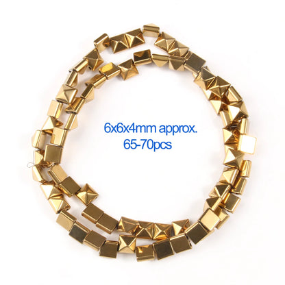Gold pyramid beads on a white background with size and quantity information.