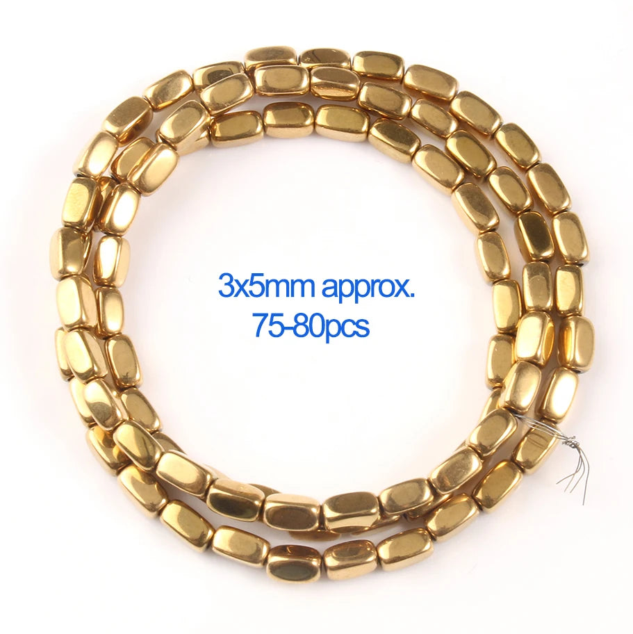 Gold beads on a white background with text indicating size and quantity.