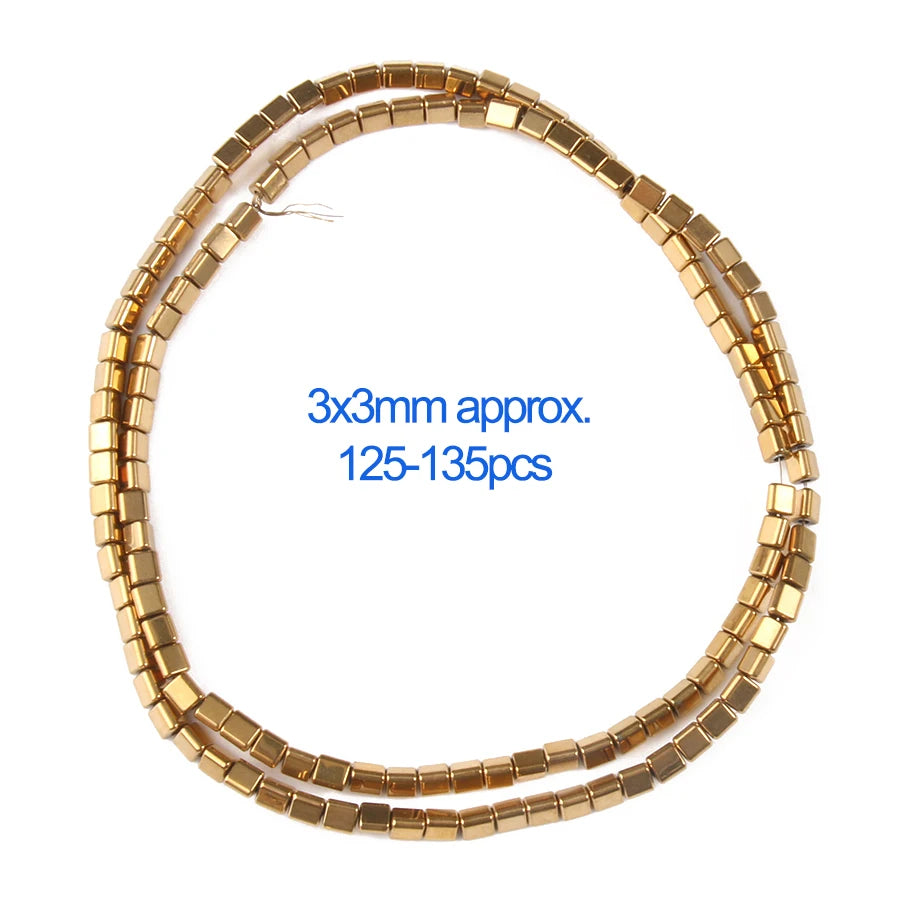 Gold beaded necklace with measurement text on a white background