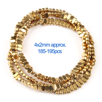 Gold beaded strands with size and quantity information on a white background