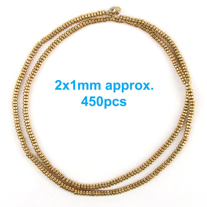 Gold beaded necklace with text indicating size and quantity on a white background