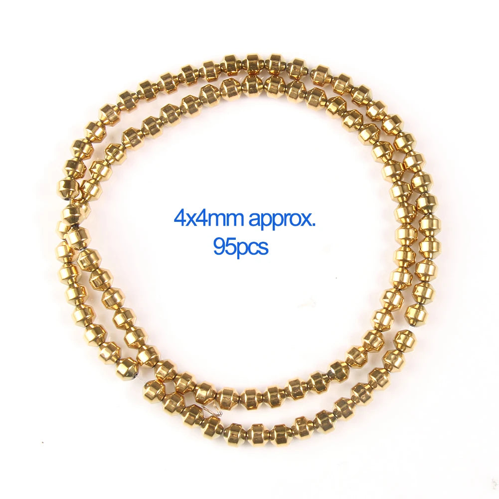 Gold bead necklace with measurement text on a white background
