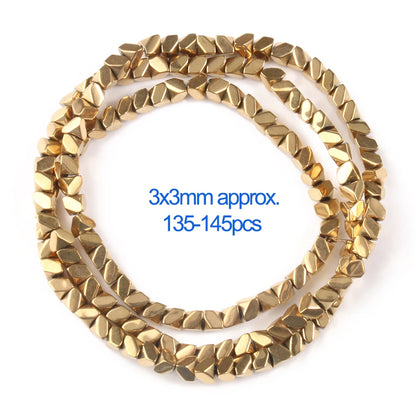 Gold beaded necklace with size and quantity information on a white background