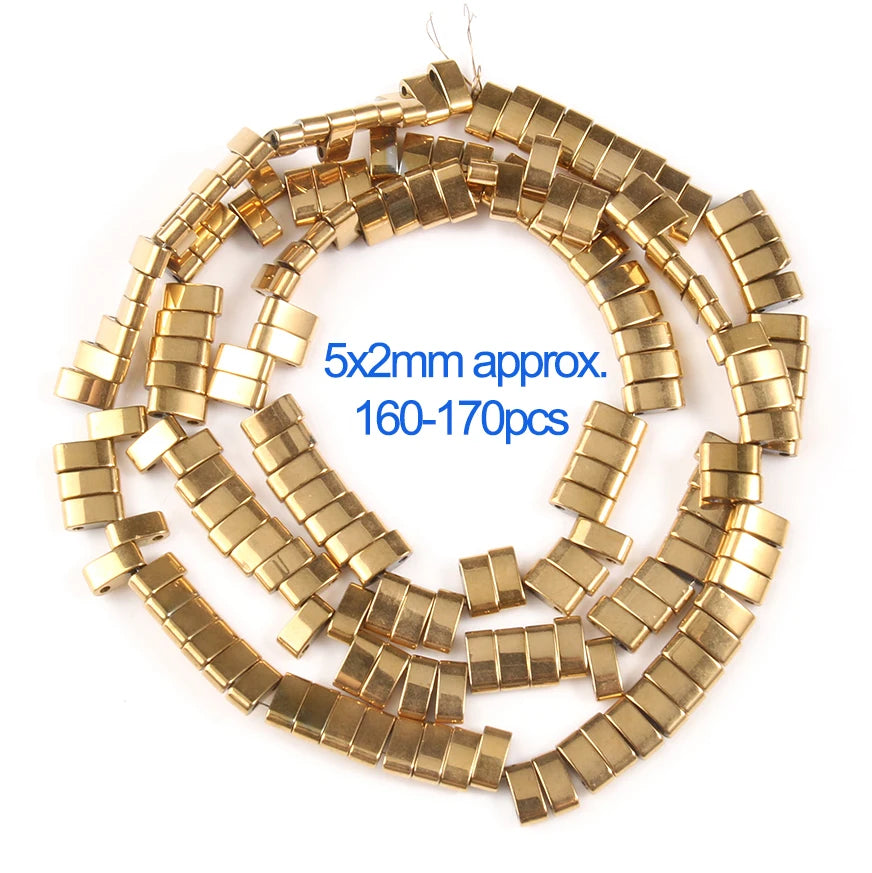 Gold beads on a string with size and quantity information.