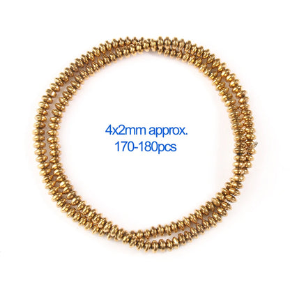 Gold beaded necklace on a white background with text indicating bead size and quantity.