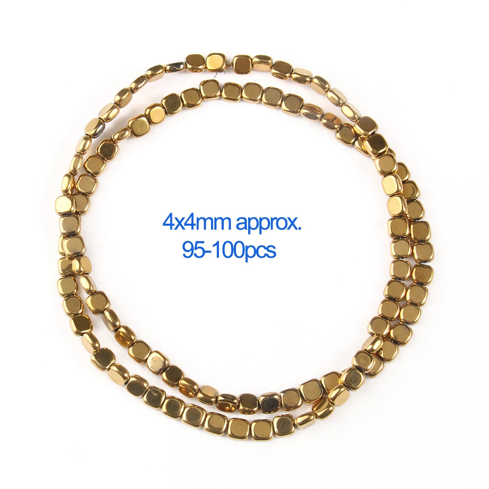 Gold beaded necklace with measurement text on a white background