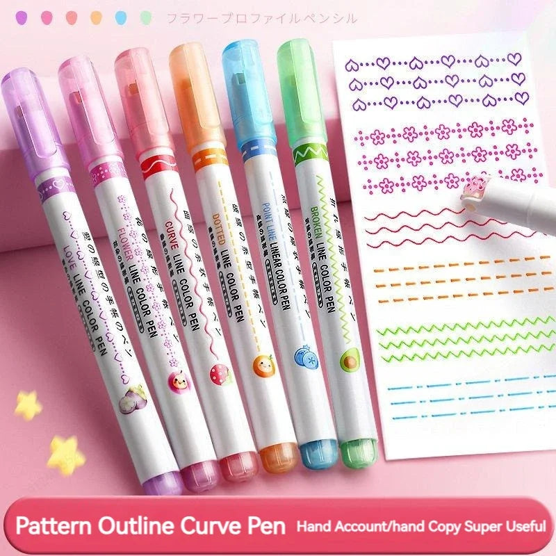 Set of colorful line color pens with a sample drawing on a pink background