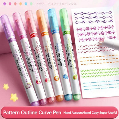 Set of colorful line color pens with a sample drawing on a pink background