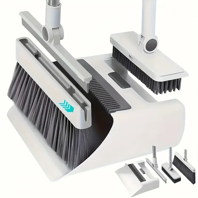 Cleaning tool set with broom, dustpan, and attachments on a white background
