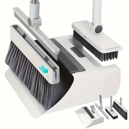 Cleaning tool set with broom, dustpan, and attachments on a white background