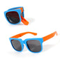 Sunglasses with blue frames and orange arms on a white background