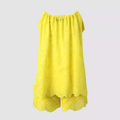 Yellow off-shoulder top with eyelet details on a light gray background