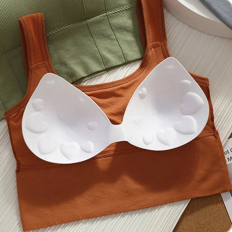 Brown bra with white silicone pads on a wooden surface