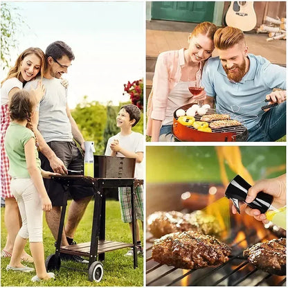 Collage of people grilling outdoors with food and family