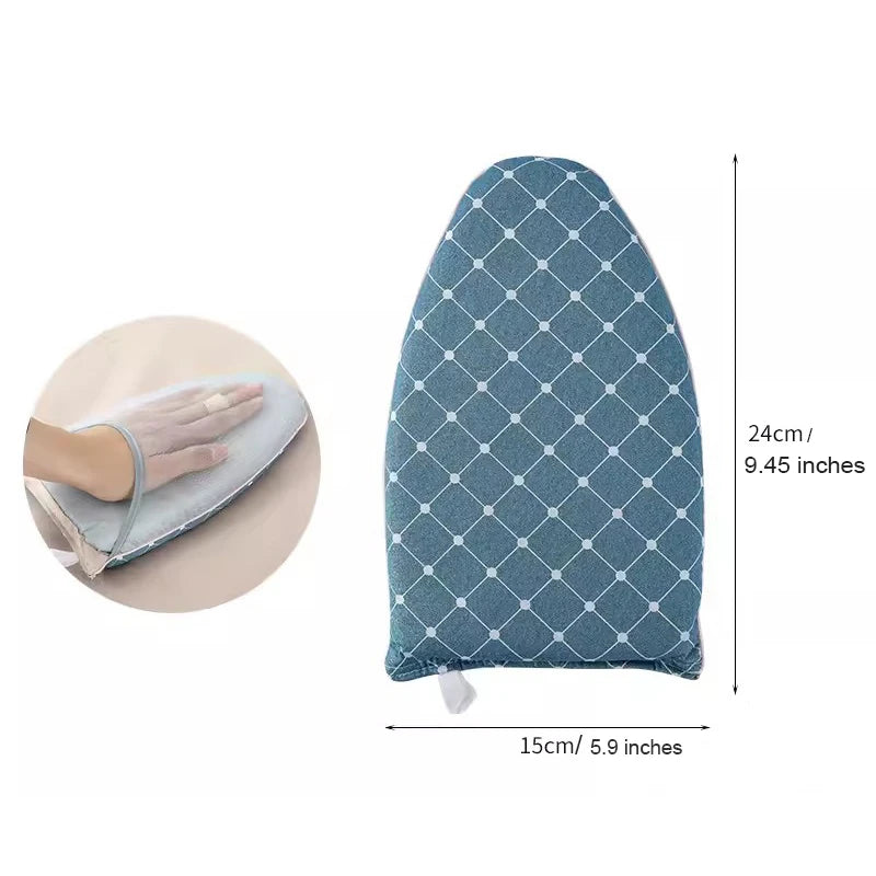 Blue ironing board cover with grid pattern and dimensions on a white background